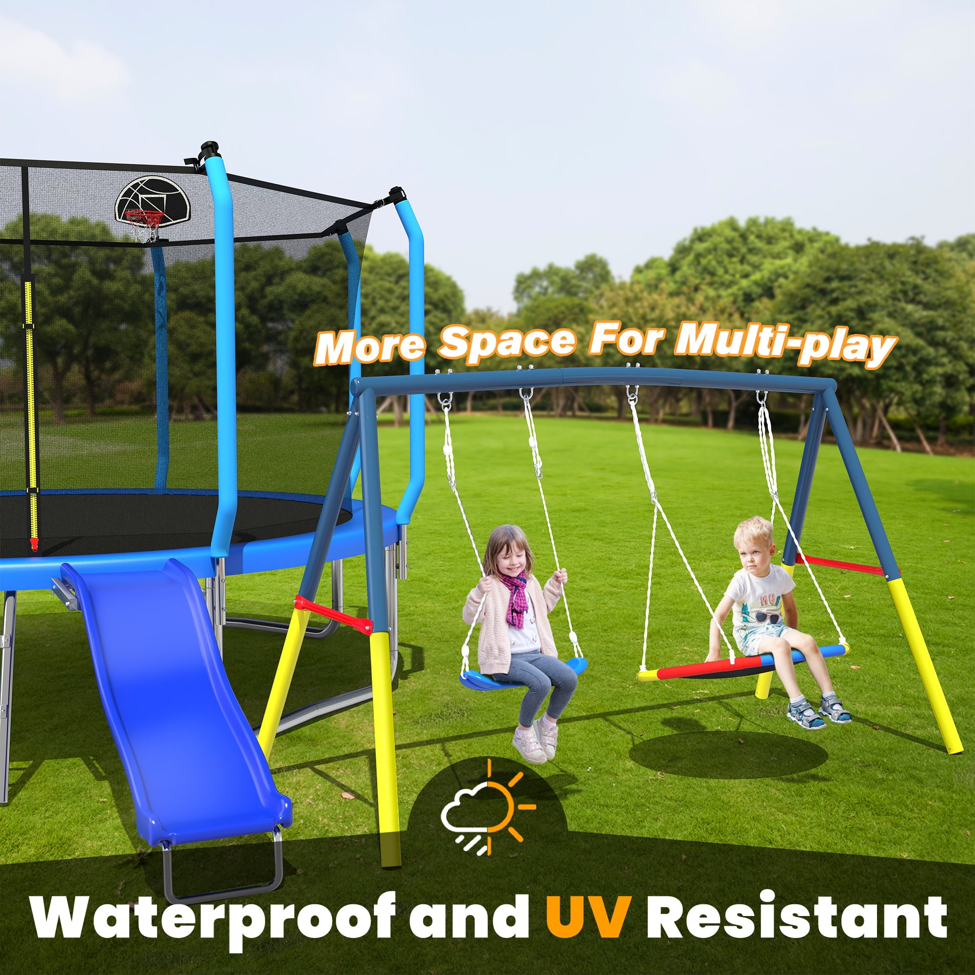 Mersco 12FT Heavy Duty Trampoline with Enclosure Net ,Slide ,Swing Set Outdoor Trampoline for Backyard,Kids Trampoline with Basketball Hoop,Birthday and Holiday Gifts for Kids,Blue