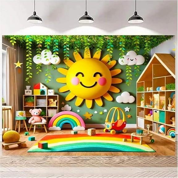Sun and Rainbow Photography Background Preschool Kindergarten Classroom Party Decoration Children Birthday Portrait Backdrop Clouds Greenery Baby Shower Background