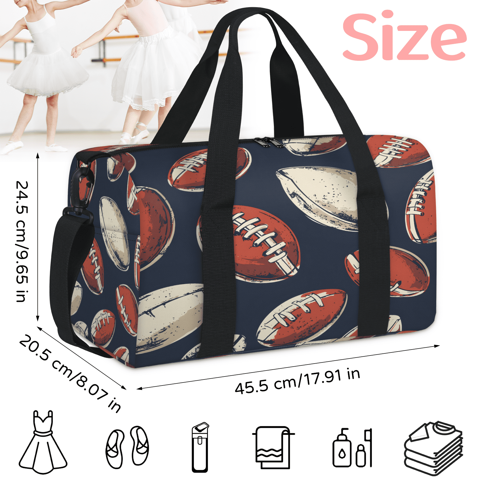 Herdesigns Football Travel Duffle Bag Sports Yoga Weekender Overnight Carry on Workout Bags Lightweight Waterproof Gym Tote Bag for Women Sports