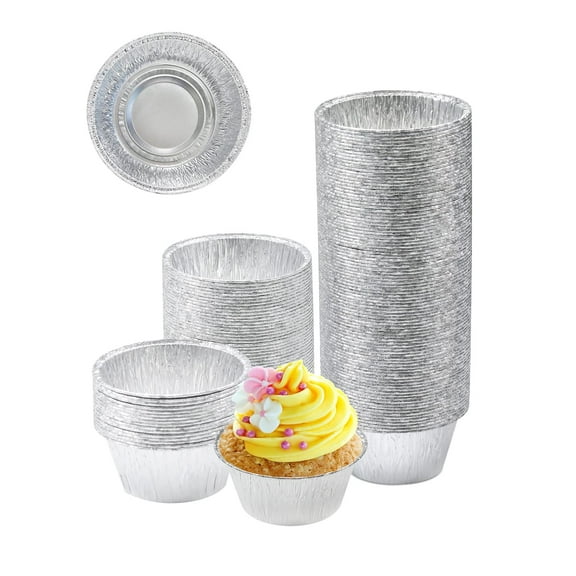 Trianu 100 Pcs Aluminum Foil Baking Cups, 4 oz Disposable Ramekin Aluminum Cupcake liners, Silver Foil Baking Cups Muffin Liners for Cupcake, Baking, Egg Tart, Pudding, Creme Brulee
