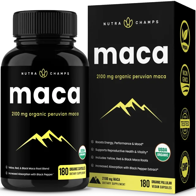 NUTRA CHAMPS Suplemento Maca Cápsulas con Raíz Gelatinizada Orgánica y Pimienta Negra 180 Cápsulas