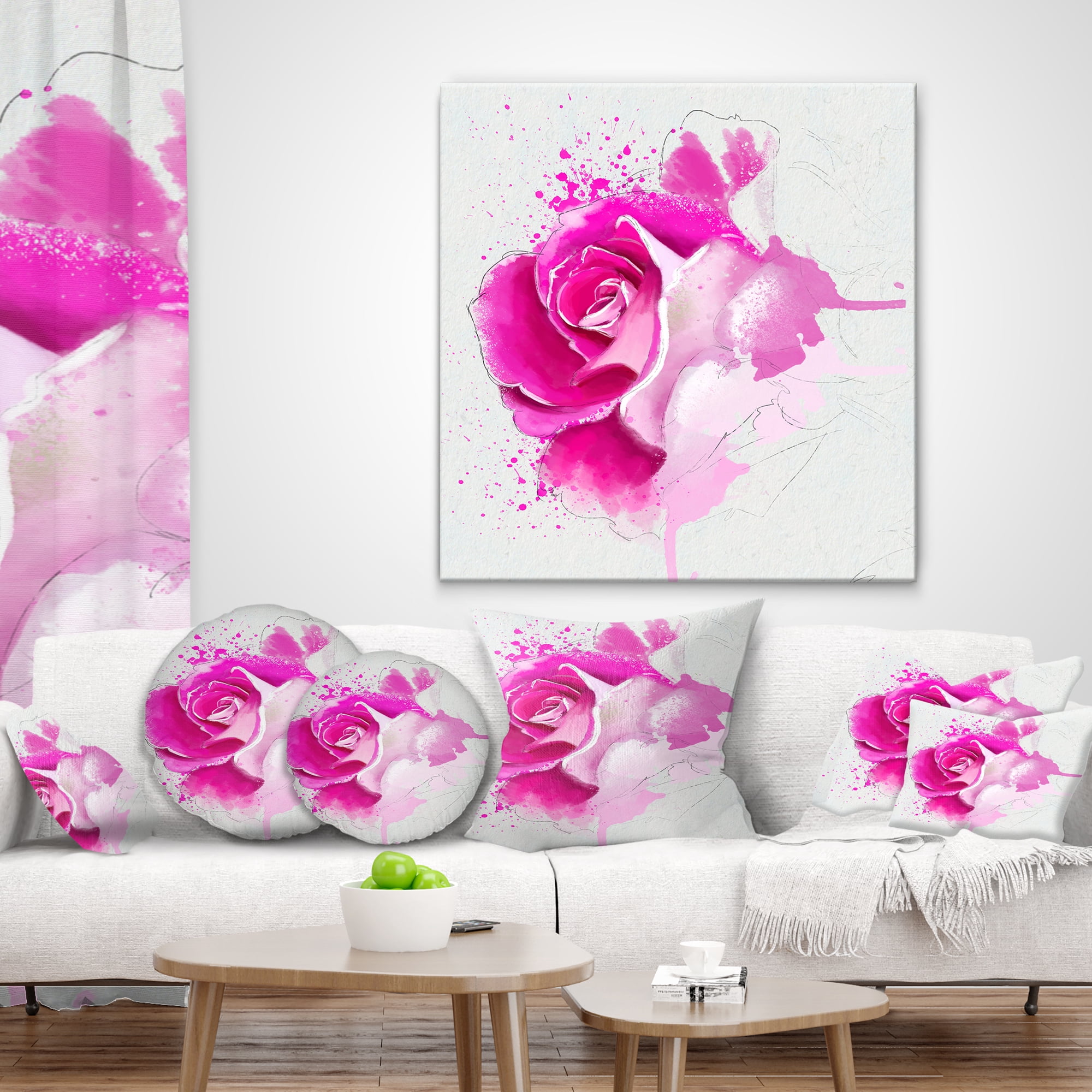 Designart Bright Pink Rose Flower Watercolor - Flowers Throw Pillowwork - 16x16