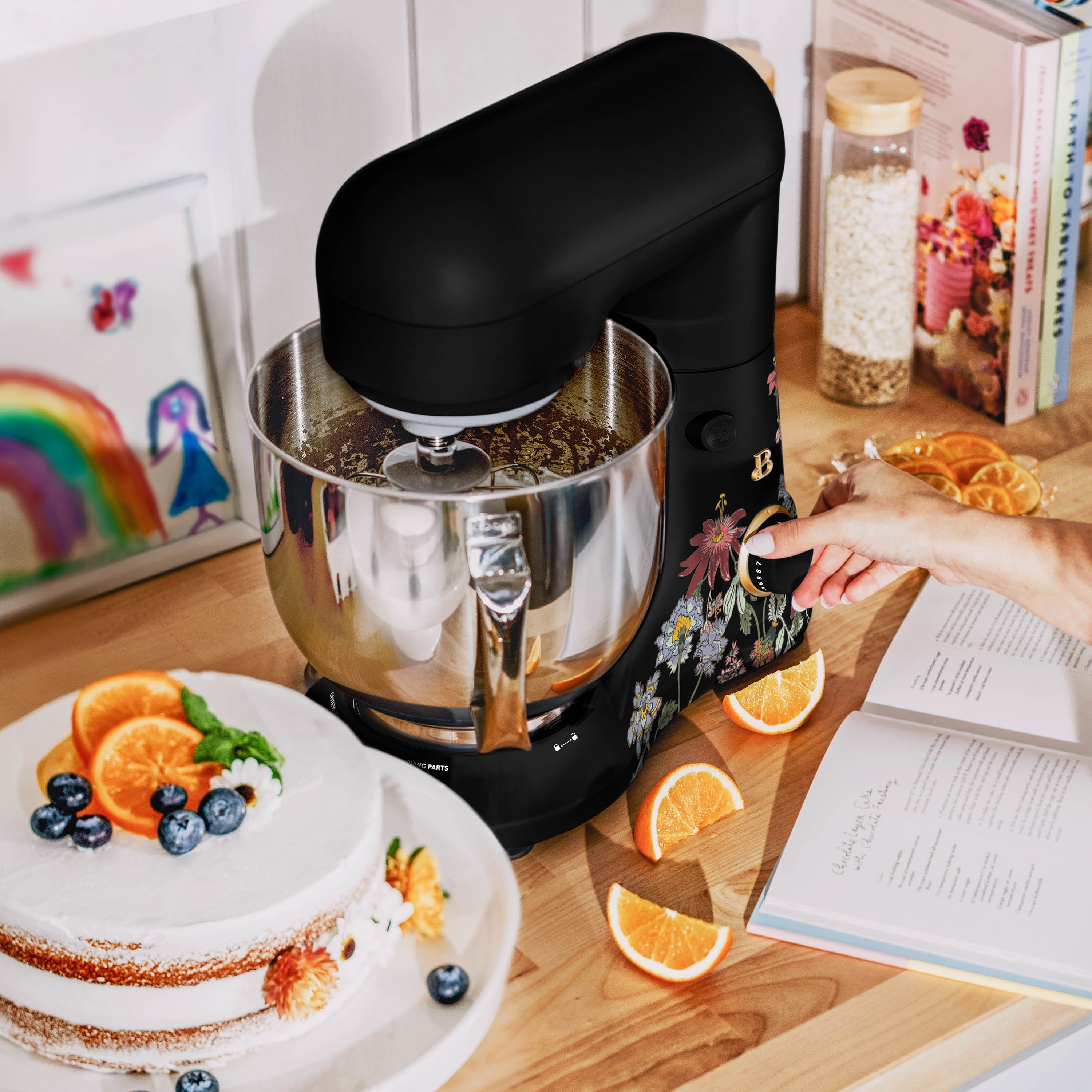 Beautiful 5.3 Qt Stand Mixer with Flat Beater, Dough Hook, Balloon Whisk, Wildflower Black Sesame by Drew Barrymore
