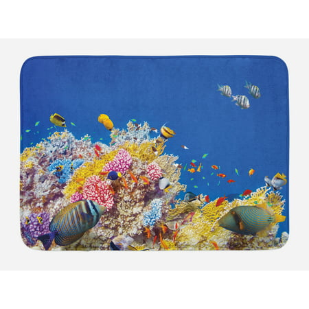 Ocean Bath Mat, Colorful Underwater World with Corals Tropical Fish Exotic Diving Travel Destination, Non-Slip Plush Mat Bathroom Kitchen Laundry Room Decor, 29.5 X 17.5 Inches, Blue Yellow,