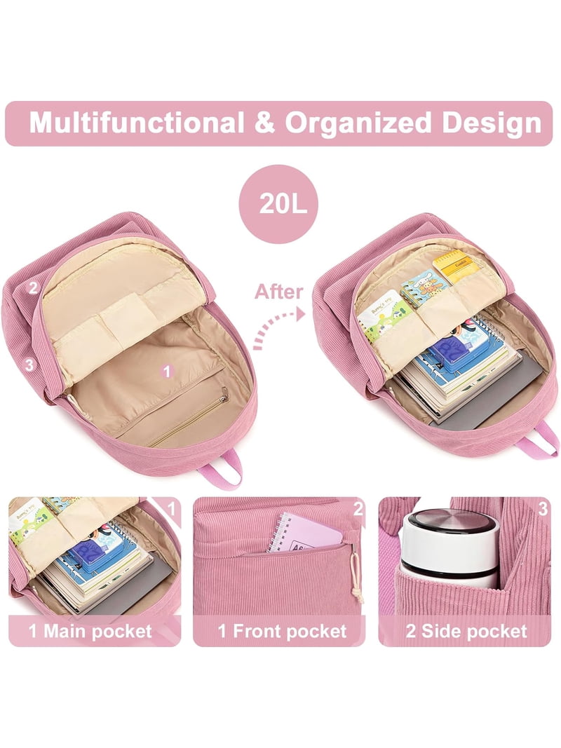 17 Inch Corduroy Laptop Backpack for Women, Lightweight School Bag for College, Stylish Casual Daypack, Pink 17 Inch Corduroy Laptop Backpack for Women, Lightweight School Bag for College, Stylish Casual Daypack, Pink