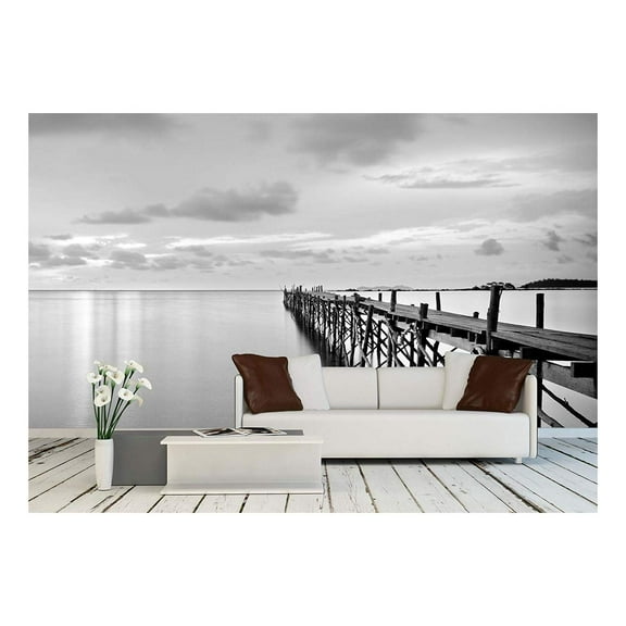 wall26 - Black and White Photography of a Beach Wooden Pier - Removable Wall Mural | Self-Adhesive Large Wallpaper - 100x144 inches