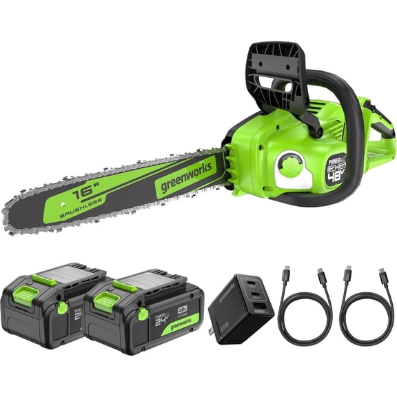 Greenworks 48V (24V x 2) 16" Brushless Chainsaw, (2) 4.0Ah Batteries and 100W Type-C Charger (3-FT Cord)