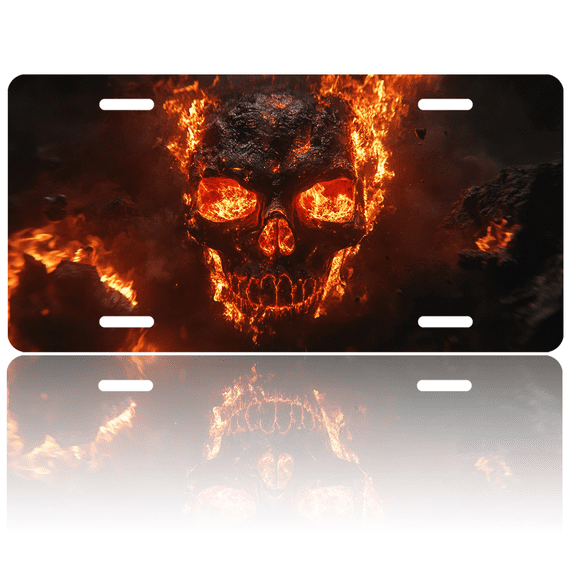 1 Pcs License Plate Covers & Frames, Fiery Skull in Inferno For Decorative Front, Aluminum License Plate Covers & Frames Cover For Men Women, 12" X 6"