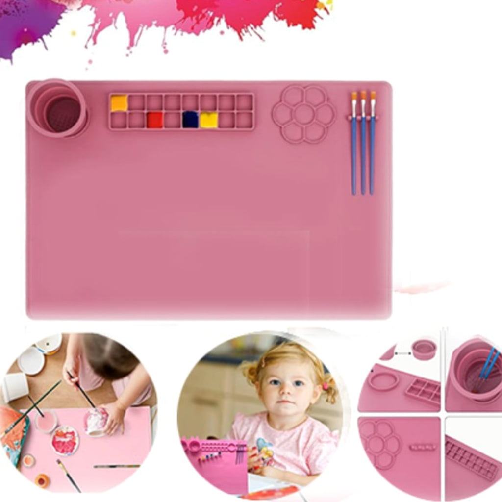 Silicone Painting Mat with 16 Paint Tray, 7 Well Palette, 3 Drawing Brush Holder