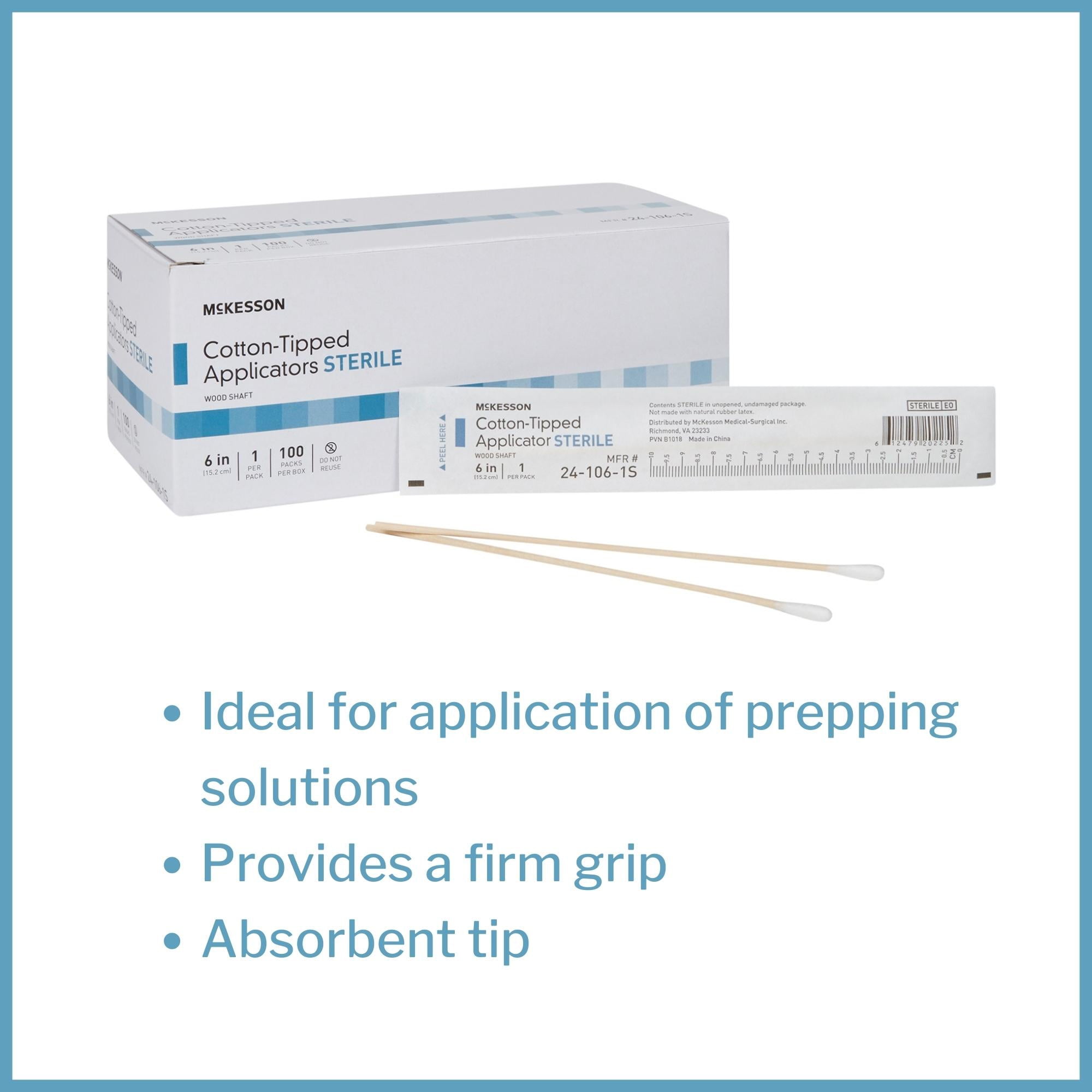 McKesson Cotton-Tipped Applicators, Sterile - Wooden Shaft, 6 in Long, 100 Count, 10 Packs, 1000 Total