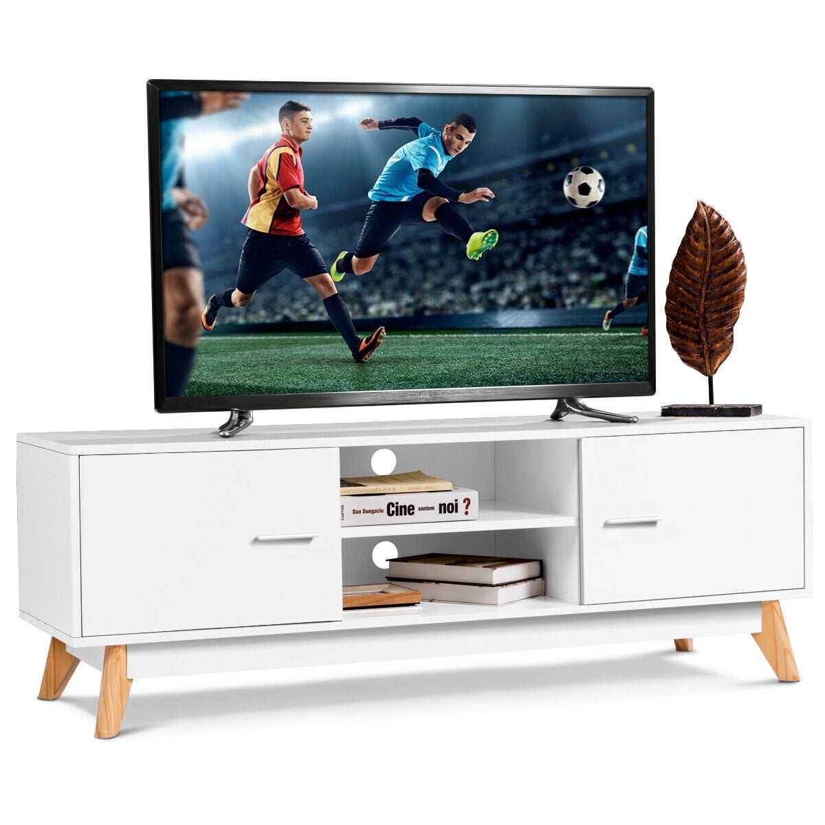 Exquisite and Multifunctional LED TV Cabinet with Two Doors White Gray Color Contrast 