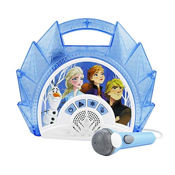 Frozen 2 Sing Along Boombox with Microphone, Built in Music, Flashing Lights, Real Working Mic for Kids Karaoke Machine, Connects Mp3 Player Aux in Audio Device