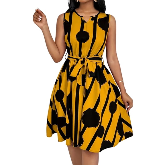 Women'S Striped Wrap V Neck Tie Waist Sleeveless Spaghetti Straps Dress Yellow XXL