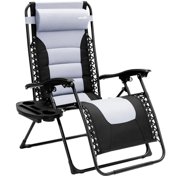 SereneLife Padded Zero Gravity Lounge Chair - Reclining Patio Chairs - Outdoor Lounge Chairs with Detachable Cup Holder Tray - Folding Recliner Chair with Removable Pillows - 1, Gray and Black
