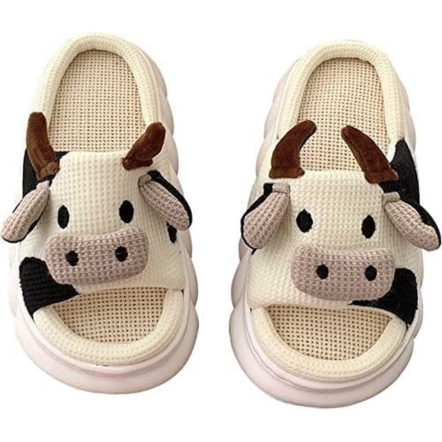 Lindas zapatillas de vaca de dibujos animados, pantuflas anit-slip para el hogar, suela gruesa y suave para interiores, cómodos animales, toboganes de lino de vaca muda, zapatos sin cordones para dam JAMW Sencillez
