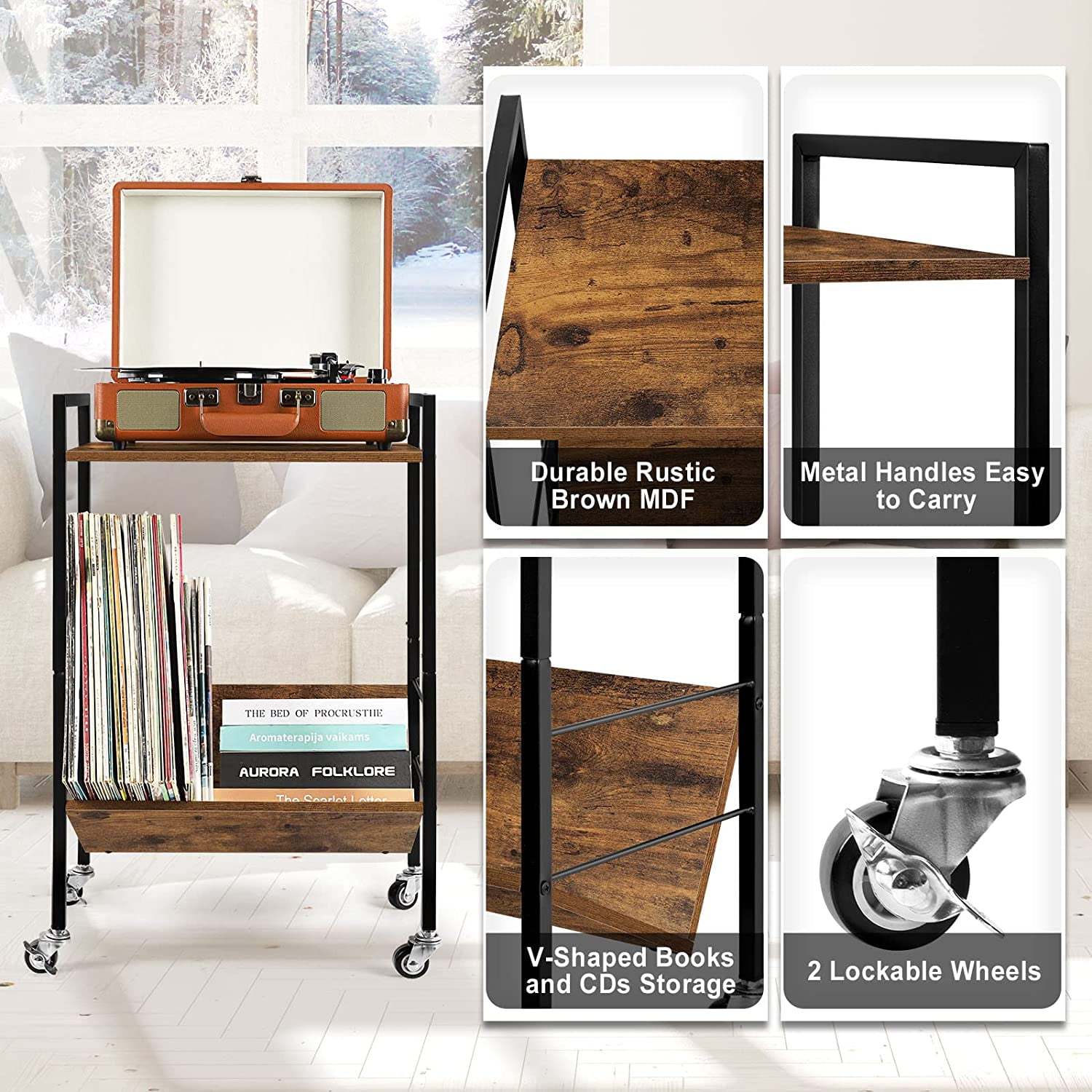 2 Tier Record Player Stand End Table with Vinyl Storage Shelf, Brown