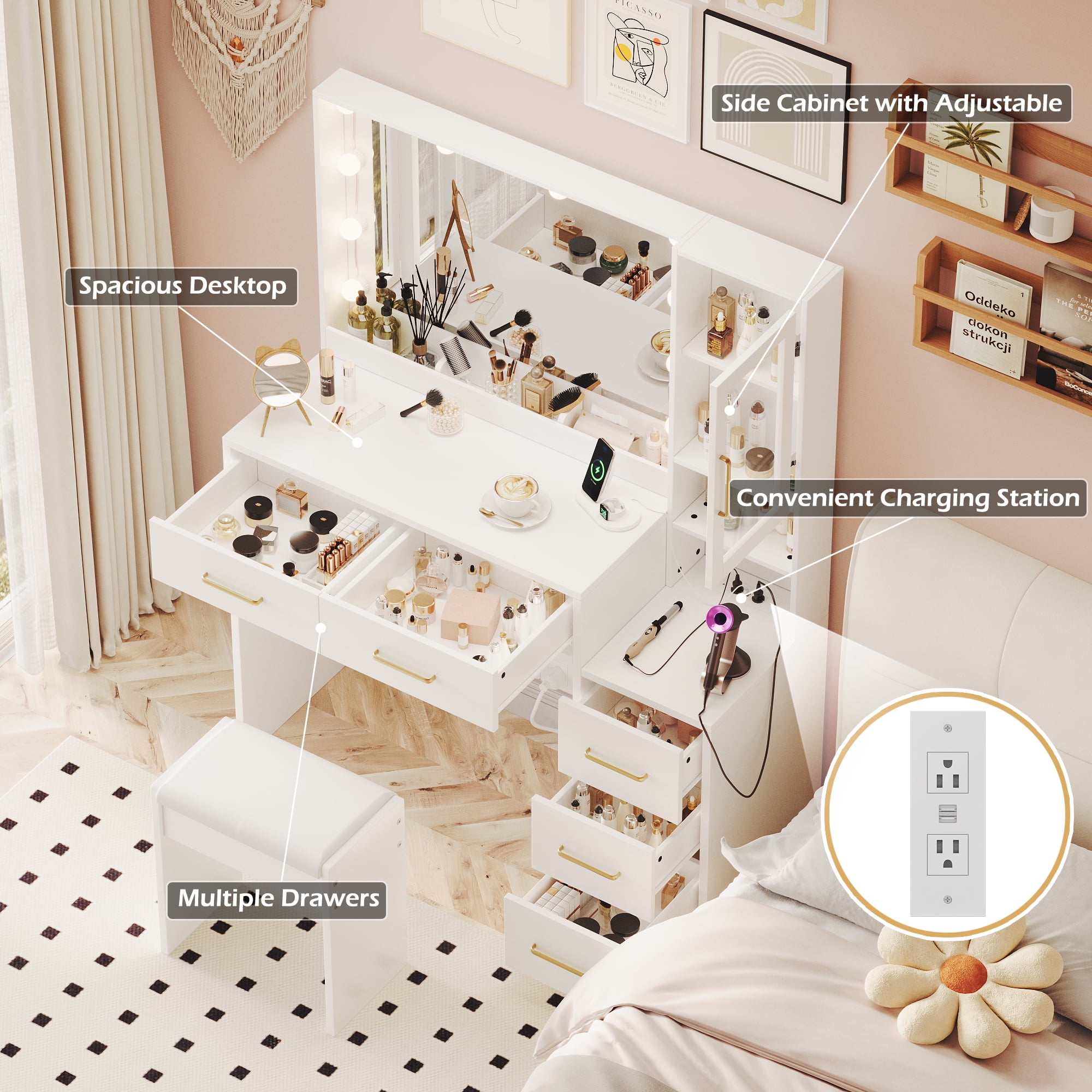 UGTOO 35.4" White Makeup Vanity Desk with LED Mirror, Solid Wood Frame, 5-Drawer Dressing Table, Gold Handles