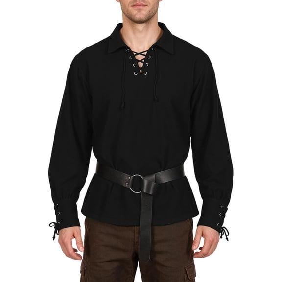 Medieval Lace Up, Shirt Belt Renaissance, Pirate Top Long, Sleeve Historical, Medieval Lace Up Shirt With Belt Renaissance Pirate Top Long Sleeve Historical Costume for Costume Party, Black L