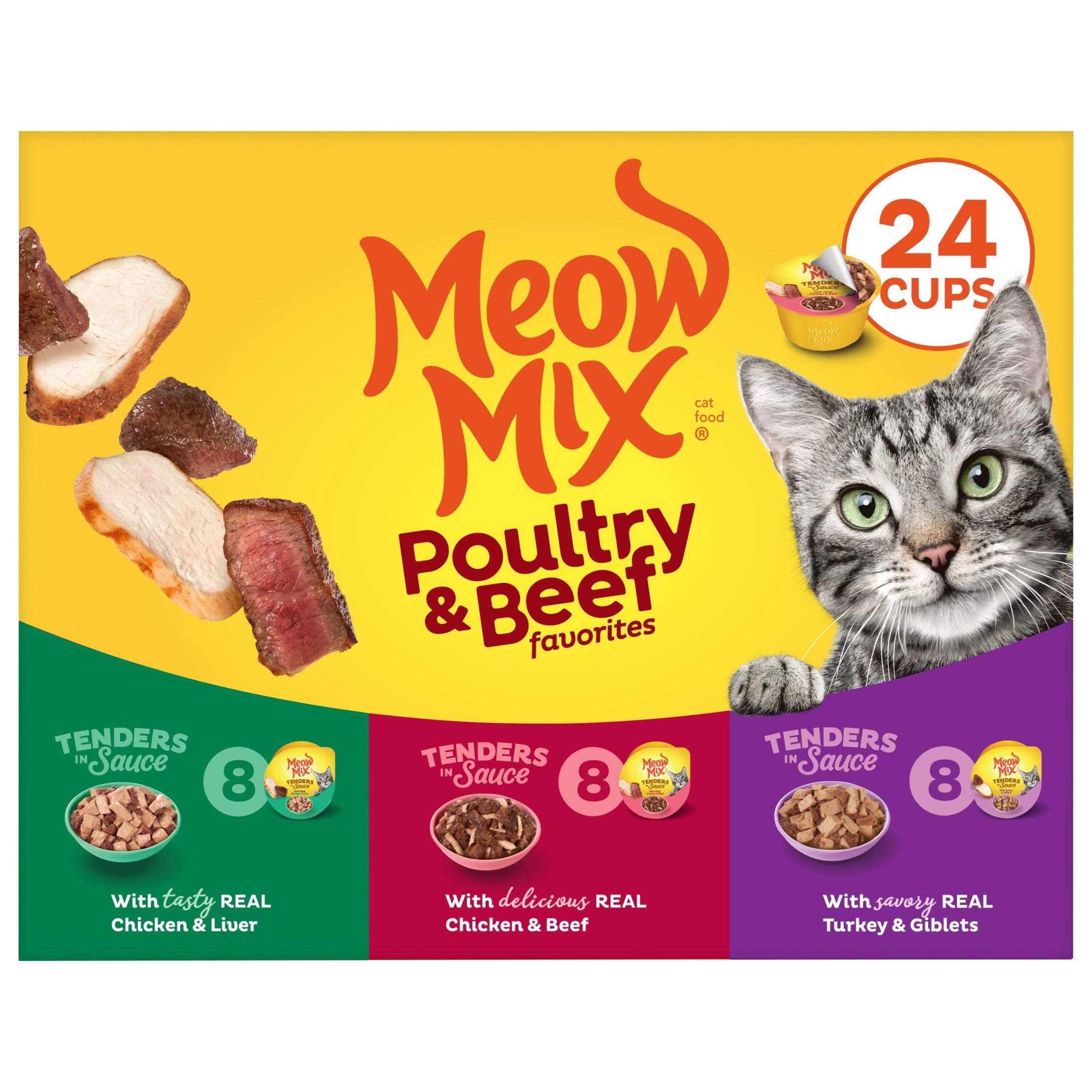 (24 pack) Meow Mix Tenders in Sauce Wet Cat Food Variety Pack With Poultry & Beef Favorites, 24 Cups, 2.75 oz Each