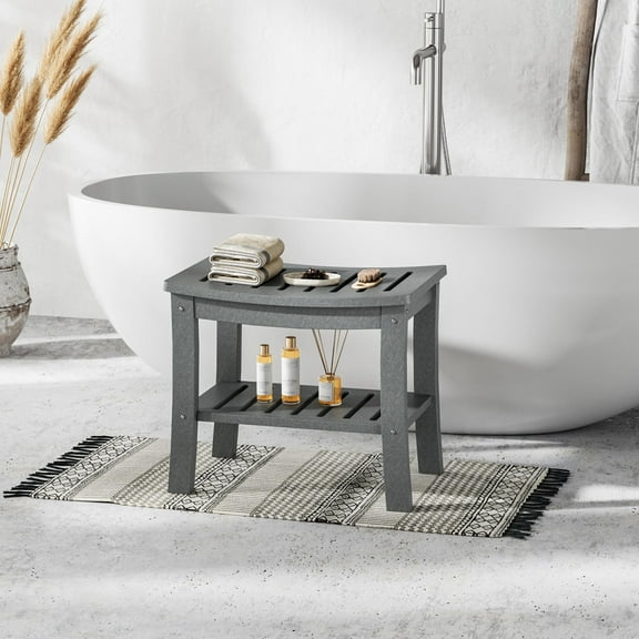 EcoSummer Waterproof Shower Bench with Storage Shelf, HDPE Bathtub Stool Seat, Grey