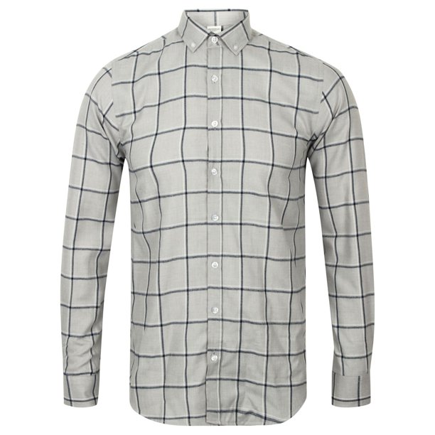 Skinni Fit - Camisa de manga larga a cuadros para hombre (Gris)