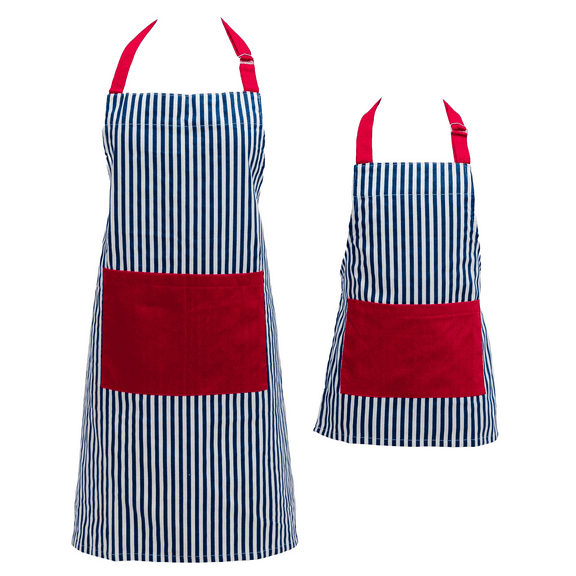 Handstand Kitchen Adult and Child 100% Cotton Bold Print Apron Set - Bold Navy Stripe
