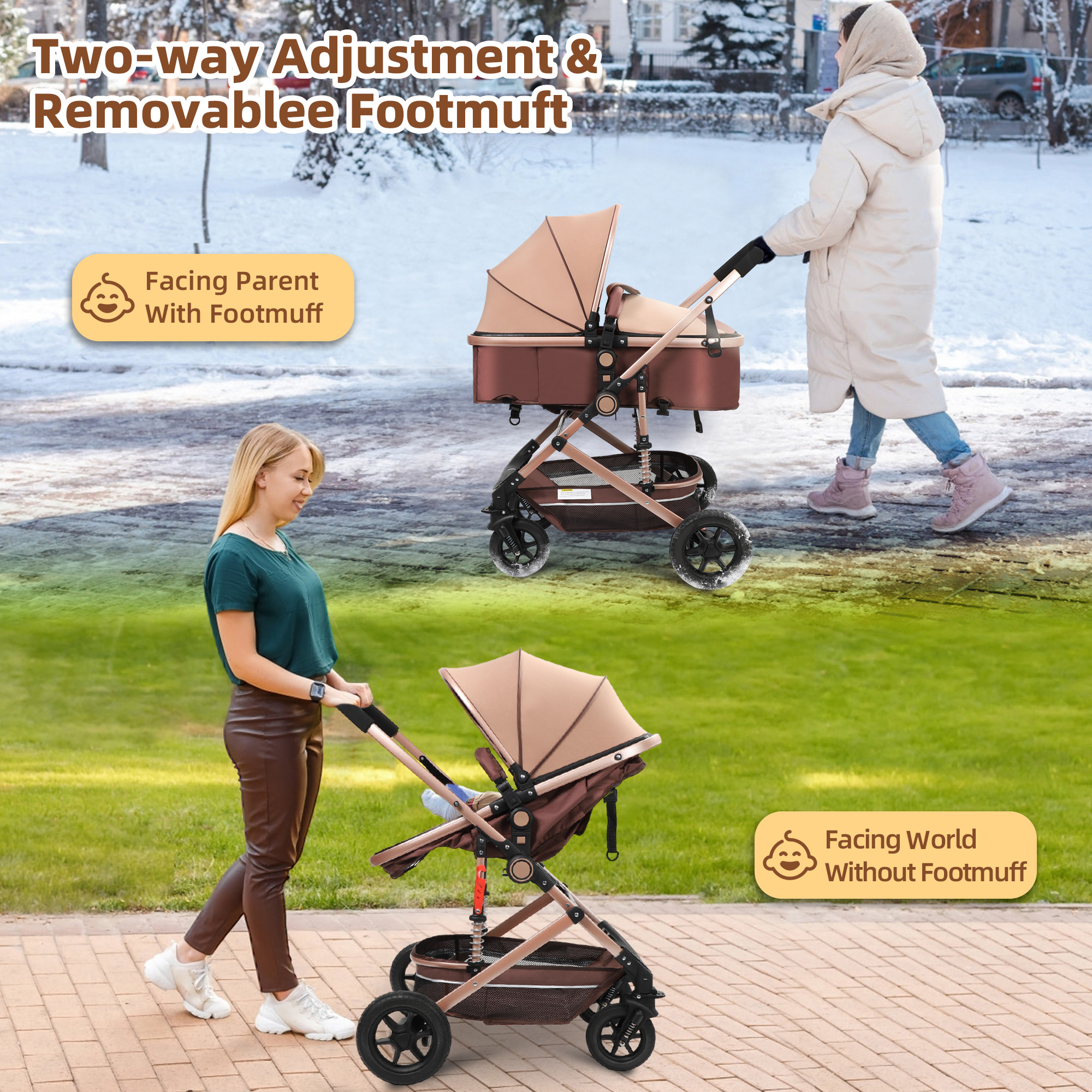 Vomeast Baby Stroller, Foldable Baby Stroller Reversible Bassinet, Travel Stroller for Newborn Baby, Khaki - image 3 of 10