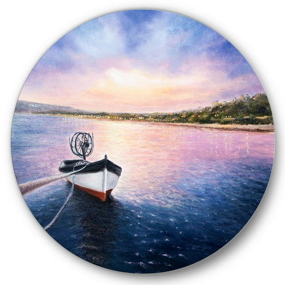 Designart 'VIbrant Sunset Over Fishing Boat By The Shore' Lake House Circle Metal Wall Art 36x36 - Disc of 36