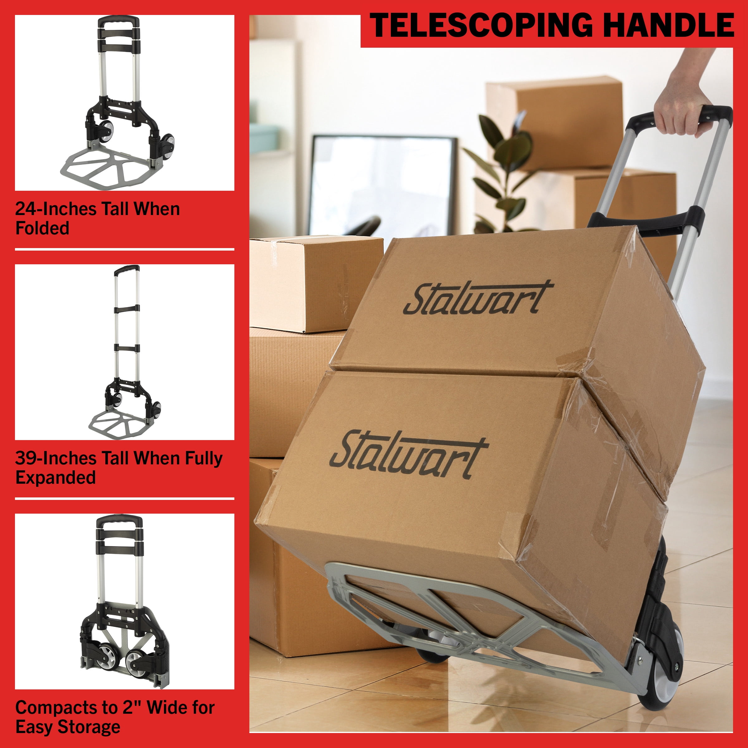 Stalwart Folding Hand Truck Dolly Cart - 154lb Capacity and Telescoping Handle