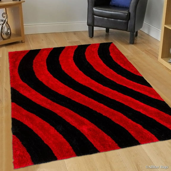 Allstar Red Shaggy Area Rug with 3D Black Lines Design. Contemporary Formal Casual Hand Tufted (7' 6" x 10' 5")