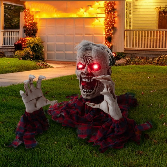 Halloween Zombie Groundbreaker Decoration,Scary Animatronics Zombie Skeleton with Flash Glowing Eyes for Outdoor Graveyard Haunted House,Animated Red Check Shirt Zombie Prop