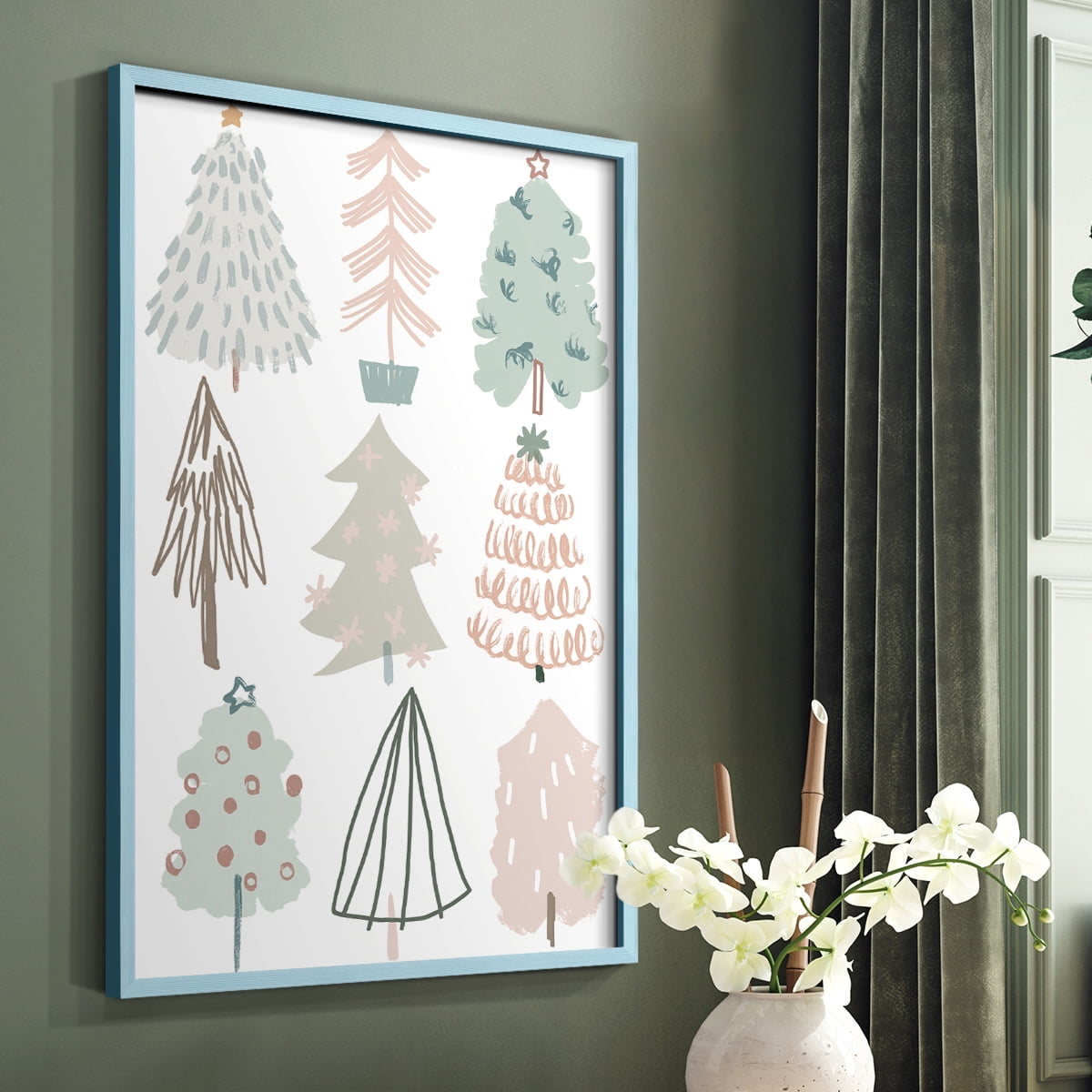 Christmas Tree Sketchbook I Framed Print in Blue Solid Wood Framed Print No Nail Hanging