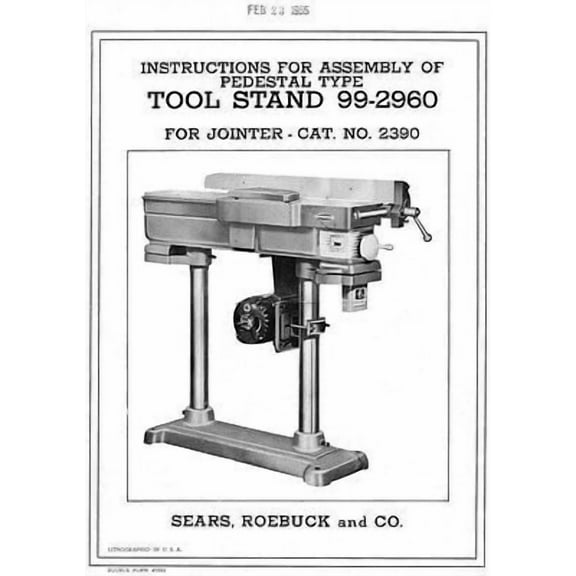 1955 Craftsman 99-2960 Pedestal Stand for 2390 Jointer-Instructions Assembly REPRINT