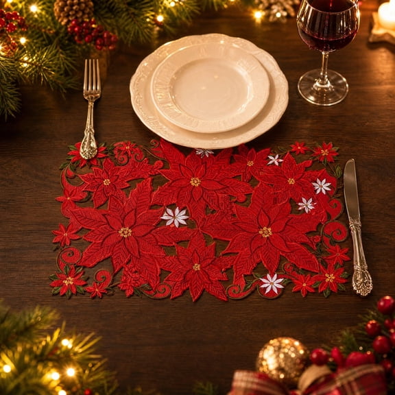 Naittoop Christmas Poinsettia Placemats, 11*17 Inch Embroidered Table Mats,Red Rectangle Cut-out Flower Fabric Mats for Xmas Dinner Table Doilies Festive Party Home Decoration