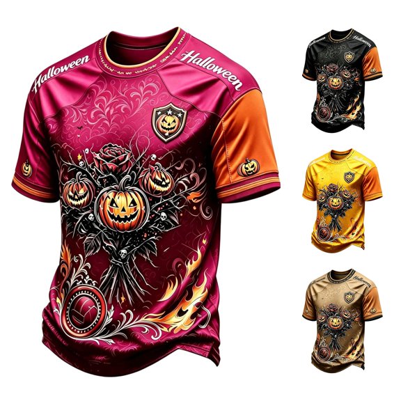 Halloween Gift for Men Casual Everyday Men’s T Shirt with Halloween Pumpkin Face Graphic for AllSeason Comfort and Soft Breathable Fit Red L