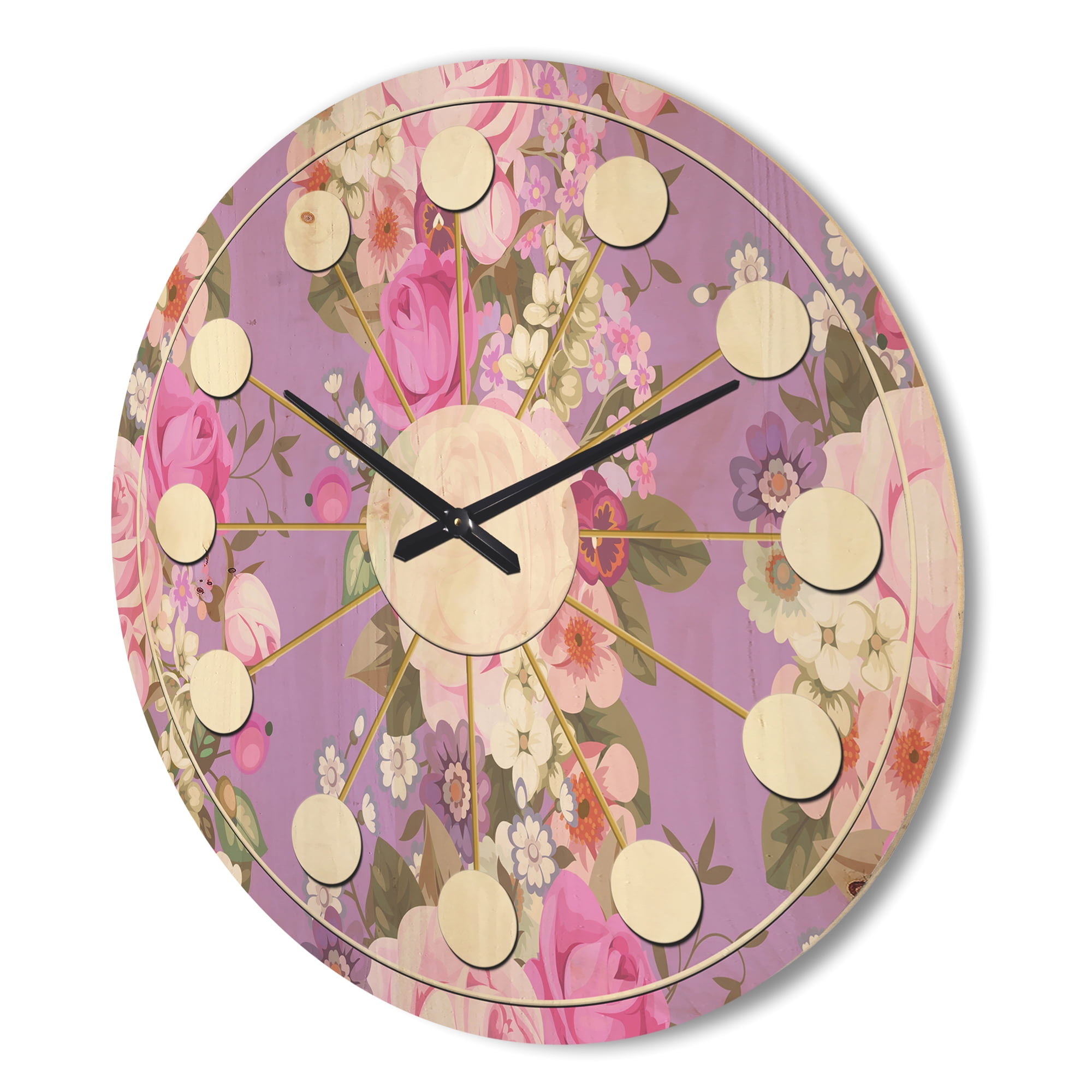Designart 'Country Roses With Pattern' Mid-Century Modern Wood Wall Clock