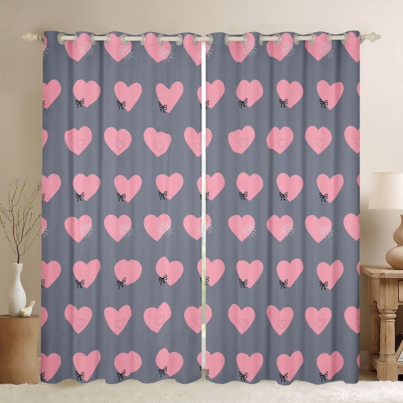 Feelyou Cute Princess Bowknot Black Out Curtains, Love Heart Grey Pink Curtains Pack of 2 (42x63 Each), Teens Kids Boys Girls Bedroom Curtains, Living Room Curtains Decor