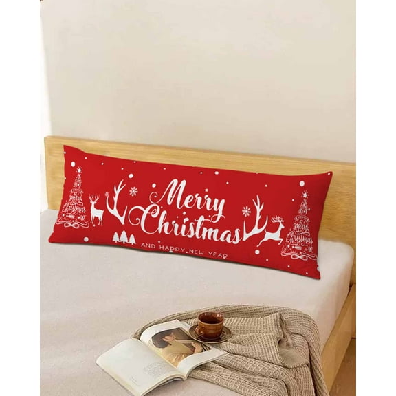 Merry Christmas Throw Pillow Cover,Xmas Tree Elk Snowflake Red Illustraction Rectangle Decorative Pillow Case Protector Soft Cushion Cover Lumbar Pillowcase for Couch Sofa Bedroom Car Decor 20x54 In