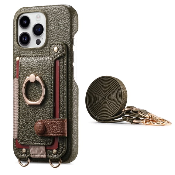for iPhone 16 Pro Wallet Case with Elastic Card Holder & 360° Rotatable Ring Stand, Vintage PU Leather Kickstand Slim Fit Shockproof Cover with Shoulder Strap for iPhone 16 Pro -Midnightgreen