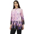 thumbnail image 5 of Phagun Pintucks Button Digital Leaf Printed Pink Long Sleeve Loose Tunic Top-4, 5 of 7