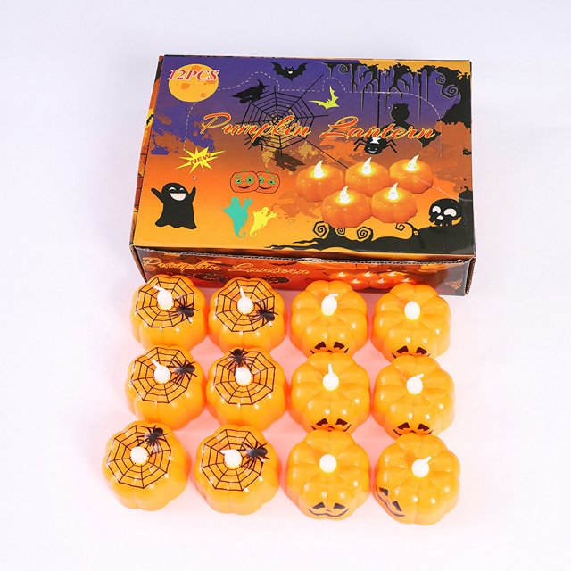 Paquete de 12 velas de té de calabaza de Halloween con decoración de telaraña, luces LED de calabaza, vela sin llama que funciona con pilas