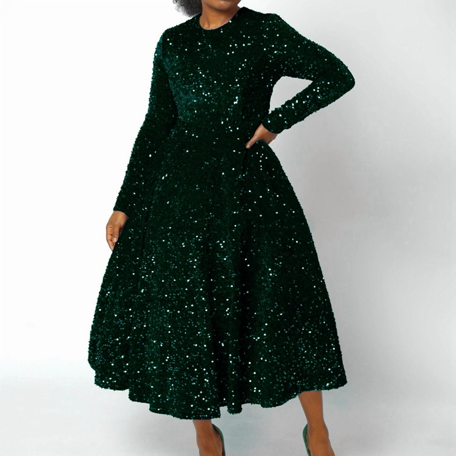 Women'S Sequin Plus Size Long Sleeve A-Line Flared Party Cocktail Sparkle Glitter Evening Shiny Maxi Dress Green XXL