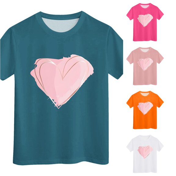 WEIGFI Child Toddler Girls Tee Shirts Love Heart Graphic Tees School Outdoor Playwear Short Sleeve Crew Neck Casual Daily Wear Summer Soft Party Tops,Dark Green,3-4 Years