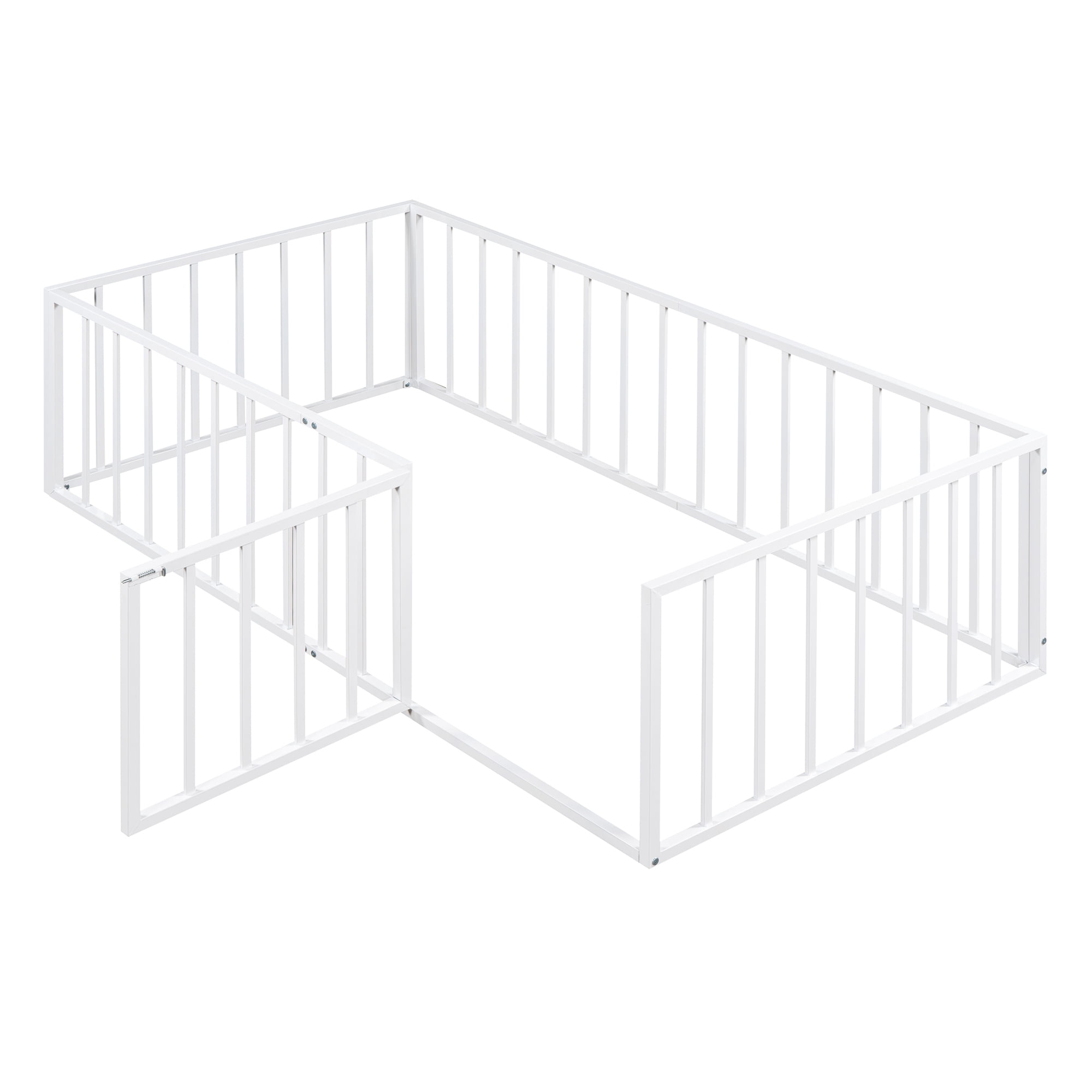 Twin Size Floor Bed for Kids, Metal Montessori Floor Bed with Fence Guardrails and Door, Kids Montessori Bed Frame Toddler Bed for Boys Girls, No Slats