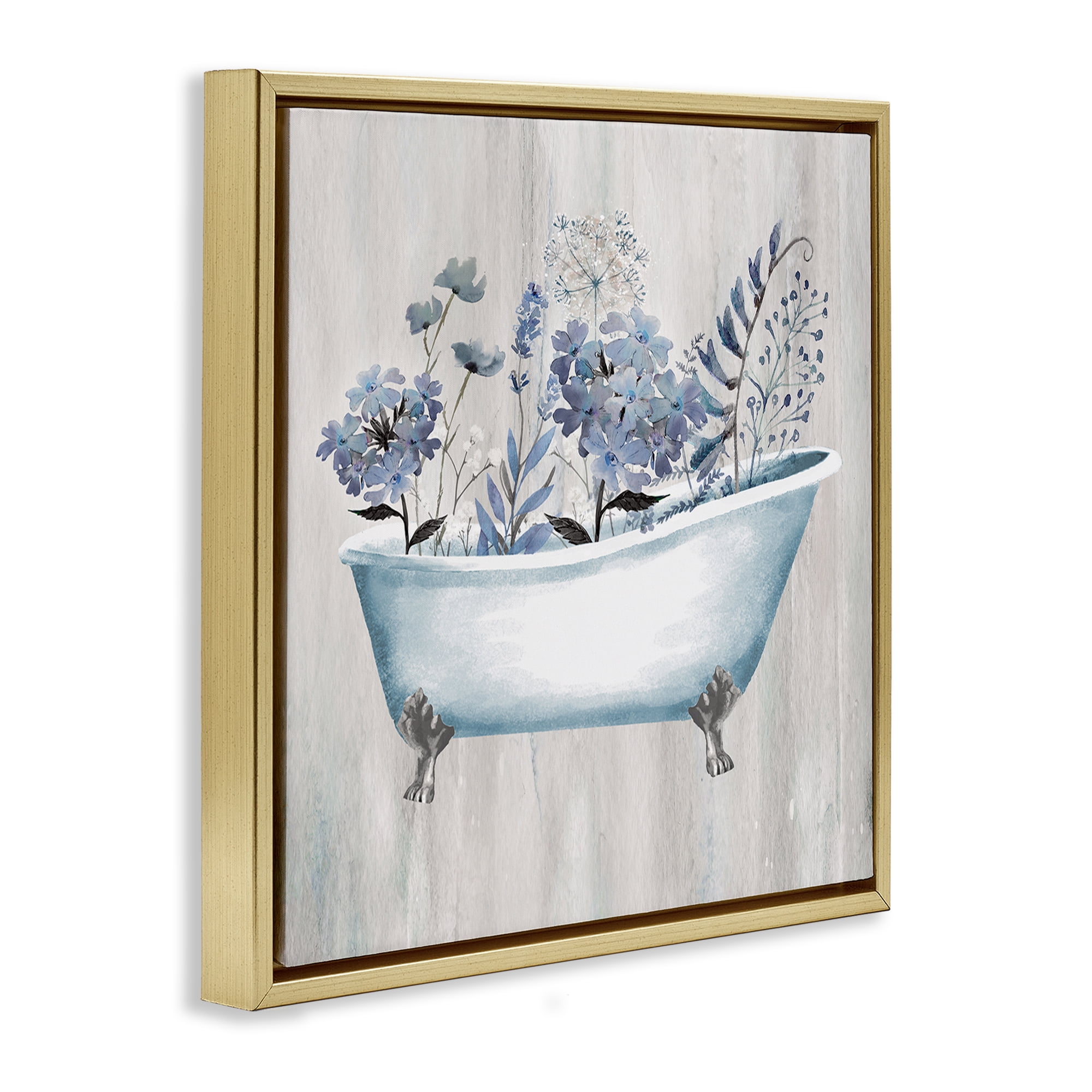 Stupell Industries Vintage Tub & Blue Florals Bath & Laundry Painting Gold Floater Framed Canvas Art Print Wall Art, 25 x 25