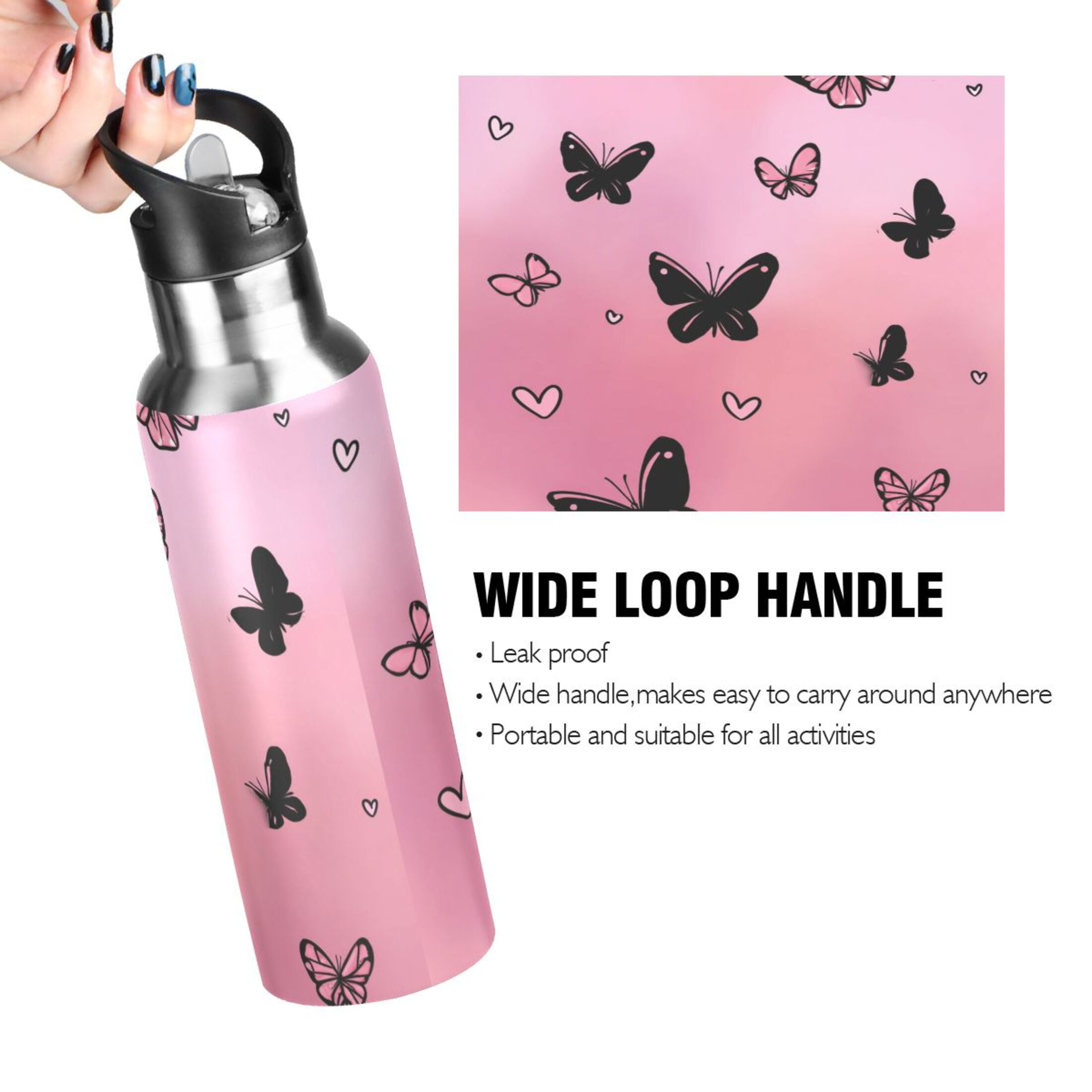 Iauyy Stainless Steel Double-Wall Vacuum Insulated Water Bottle with Straw-600ml&1000ml BPA-Free Leak-Proof for Travel Workouts Outdoor,Heart-shaped Gradient Effect