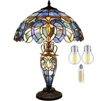 Tiffany Style Rustic Large Table Lamp with Nightlight 24" Tall Blue Purple Cloudy Stained Glass Vintage Base Living Room Bedroom Bedside Nightstand Home Office Family WERFACTORY Led Bulb Included