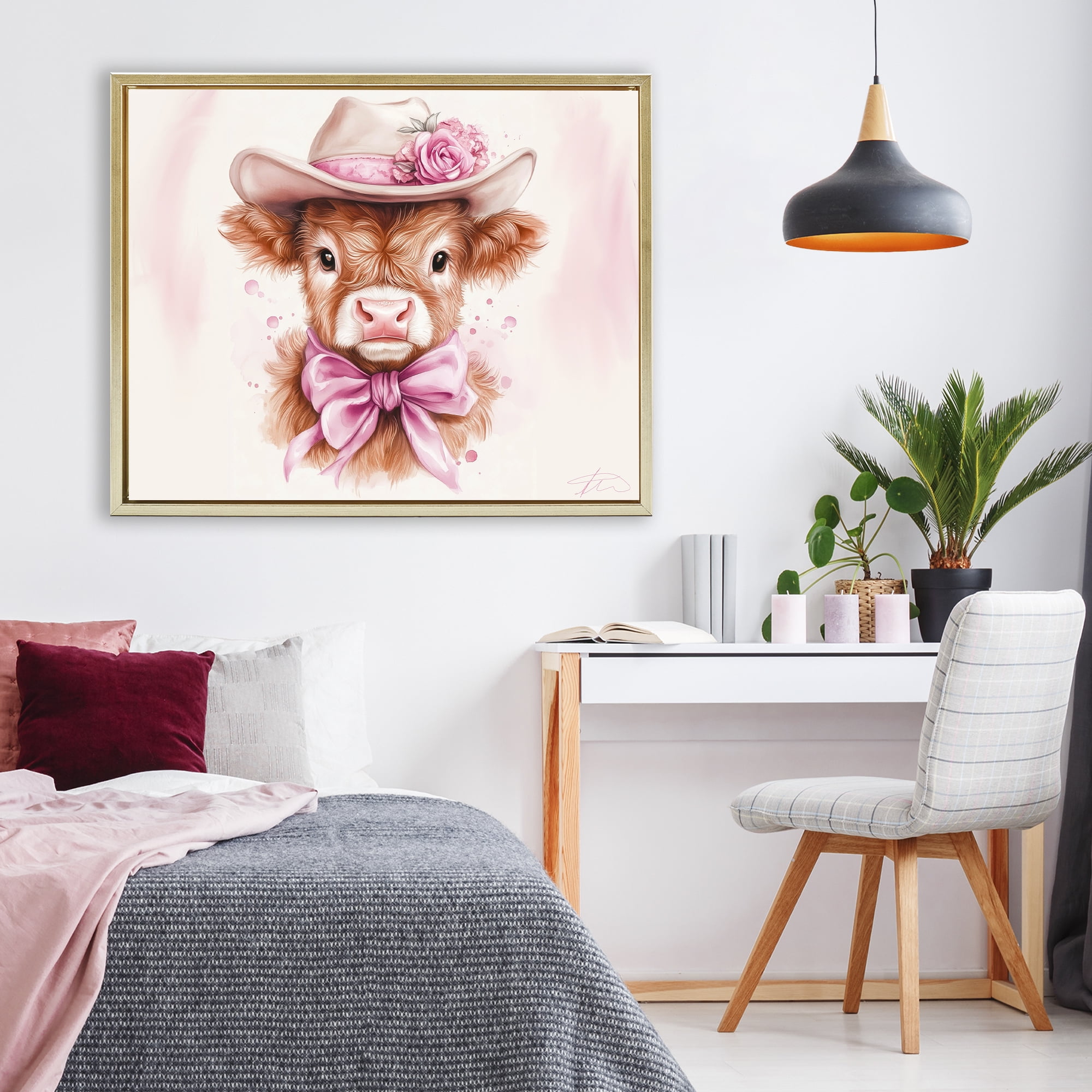 Pretty In Pink Cow Gold Framed Floater Canvas Wall Art, design by Shawna Stewart