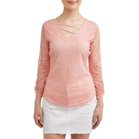 Juniors' All Over Lace Caged V-Neck Long Sleeve T-Shirt
