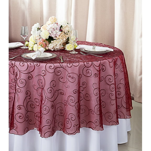 Wedding Linens Inc. 90" Round Embroidered Organza Table Overlay Toppers Tablecloth - Burgundy